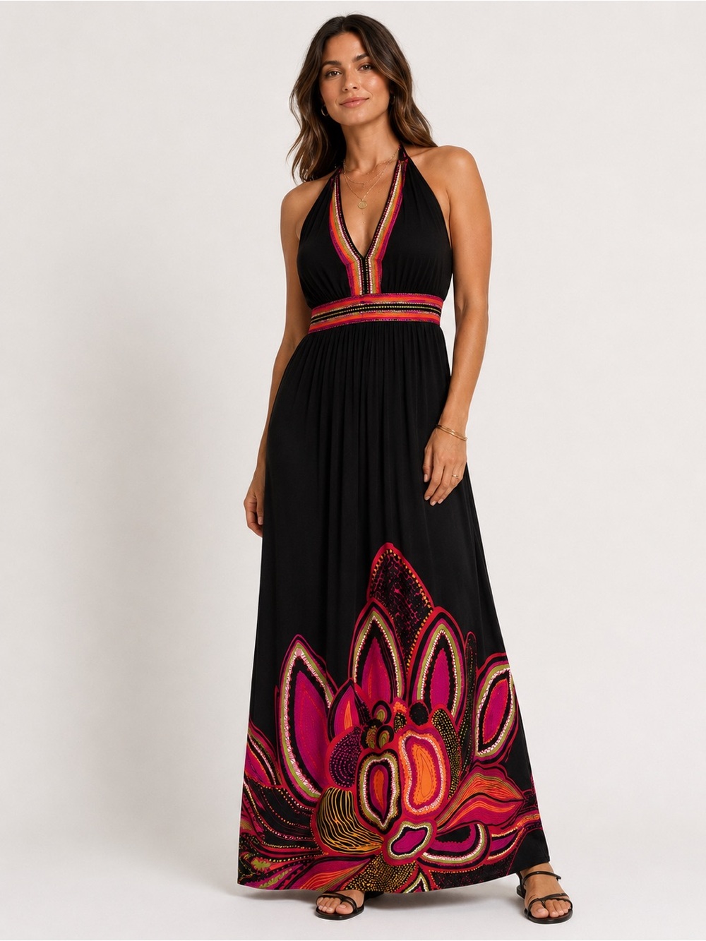 Cleo Black Floral Halter Maxi Dress Boho Resortcore 12